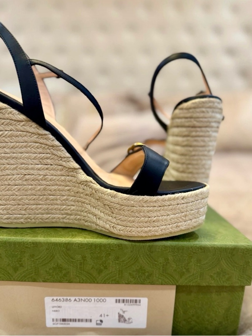 Gucci Black Leather Espadrille Wedge Sandals with Gold GG - Picture 3 of 8